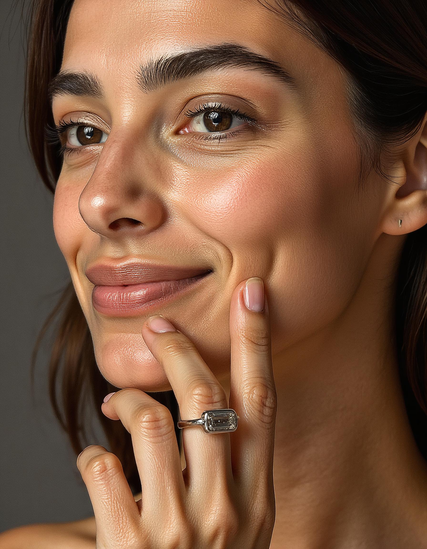 "Lana" Emerald Cut diamond solitaire in Bezel setting set Horizontally