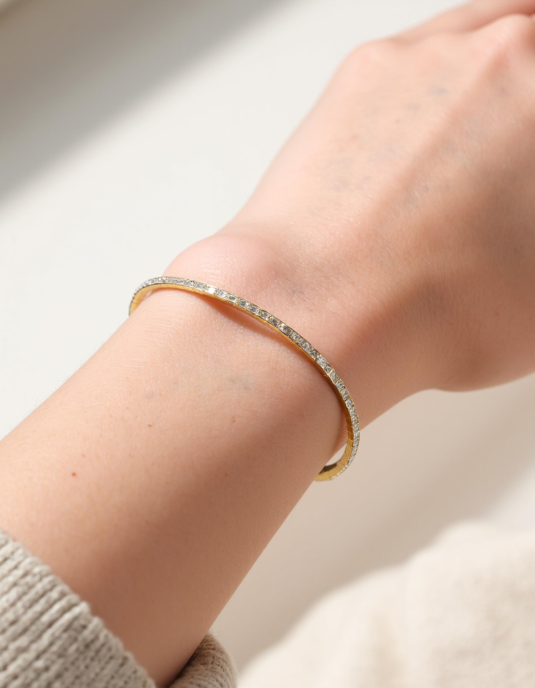 "Vinka" Horizontally set Emerald Cut Bezel Set Stretchy Bangle