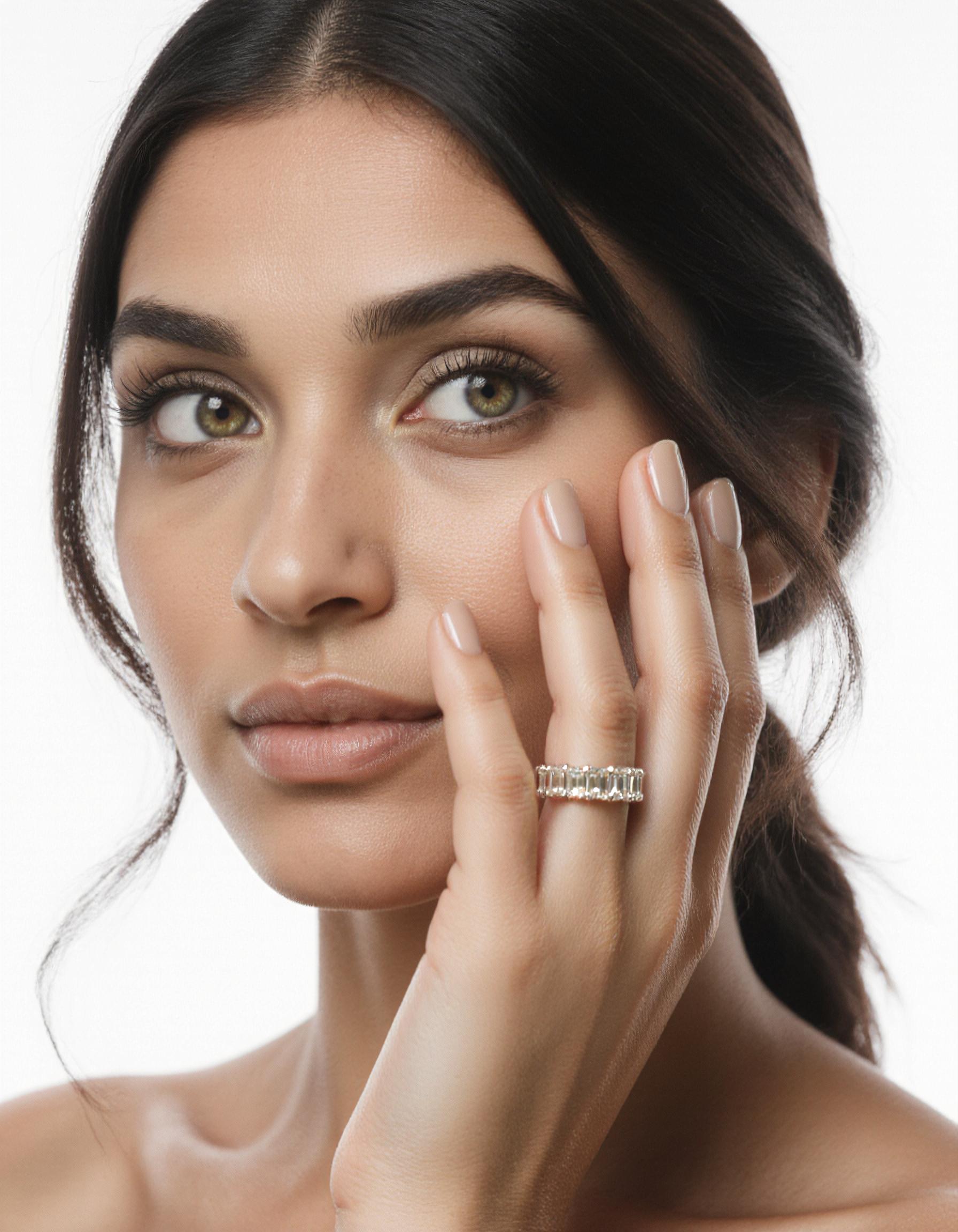 "Thalia" Emerald cut Prong Set Classic basket Half Eternity Band