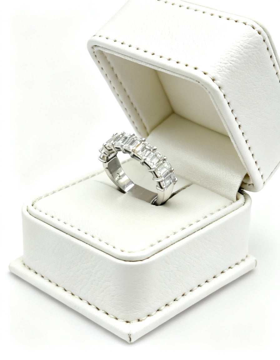 "Thalia" Emerald cut Prong Set Classic basket Half Eternity Band