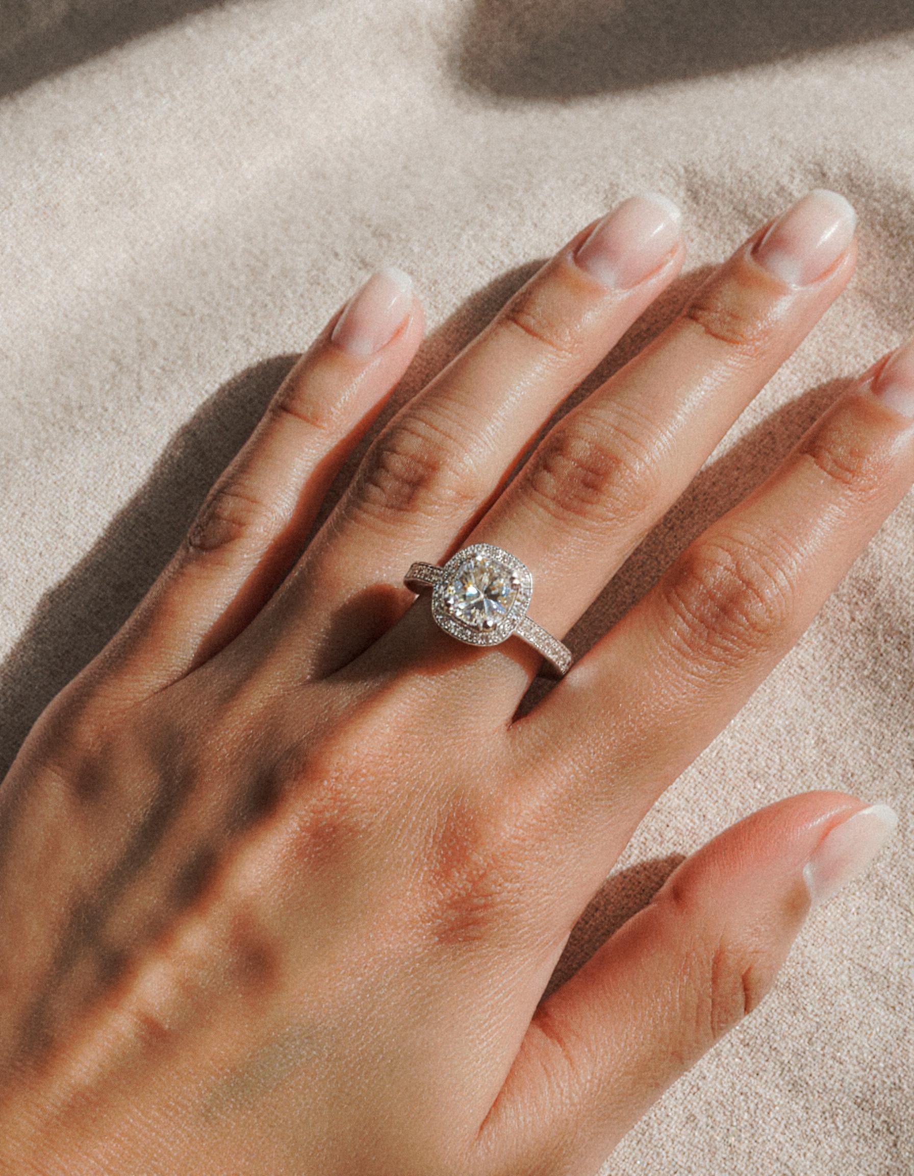 "Nareta" Cushion cut Center stone with Round Brilliant Halo Engagement Ring