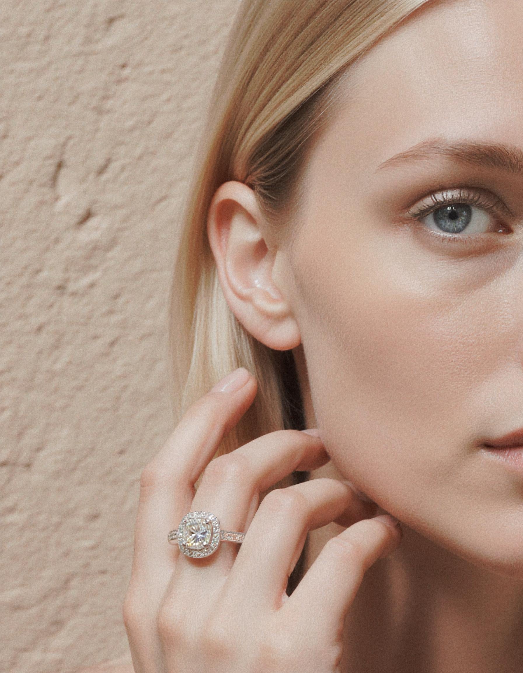 "Nareta" Cushion cut Center stone with Round Brilliant Halo Engagement Ring