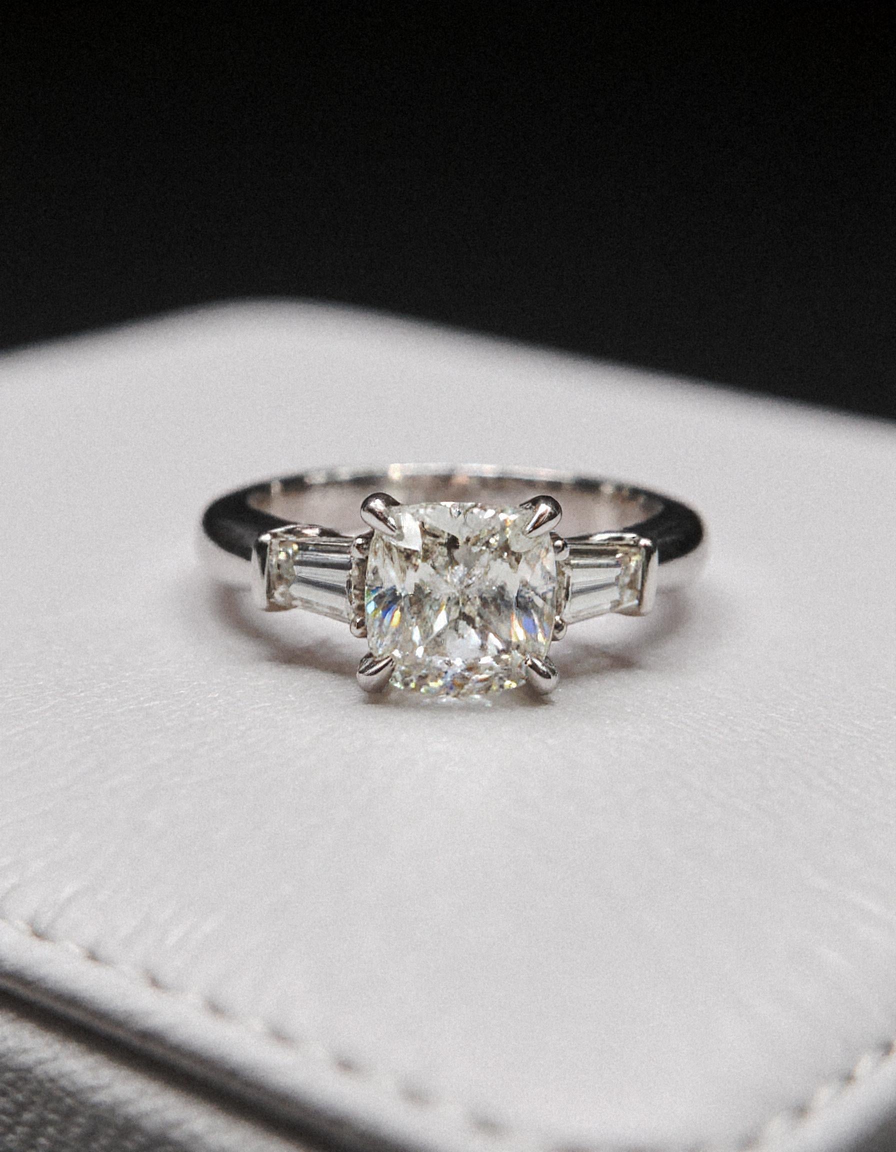"Milara" 3 stone Diamond ring With Cushion cut center and Tapered Baguette side stones