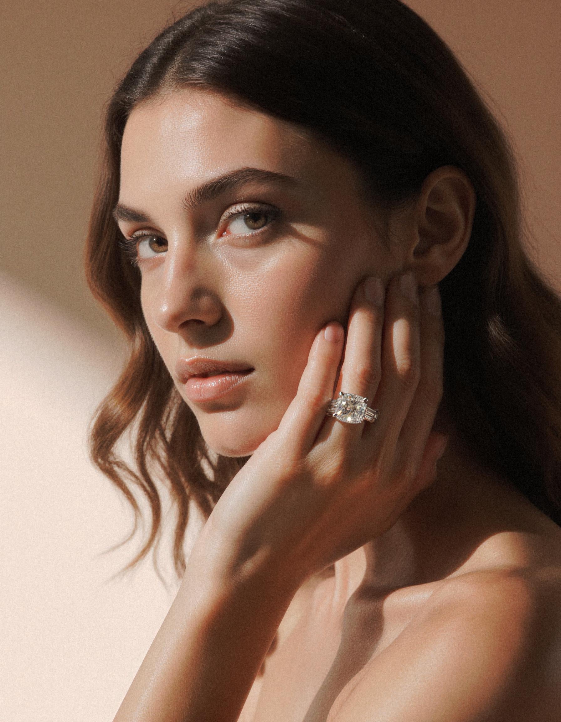 "Milara" 3 stone Diamond ring With Cushion cut center and Tapered Baguette side stones