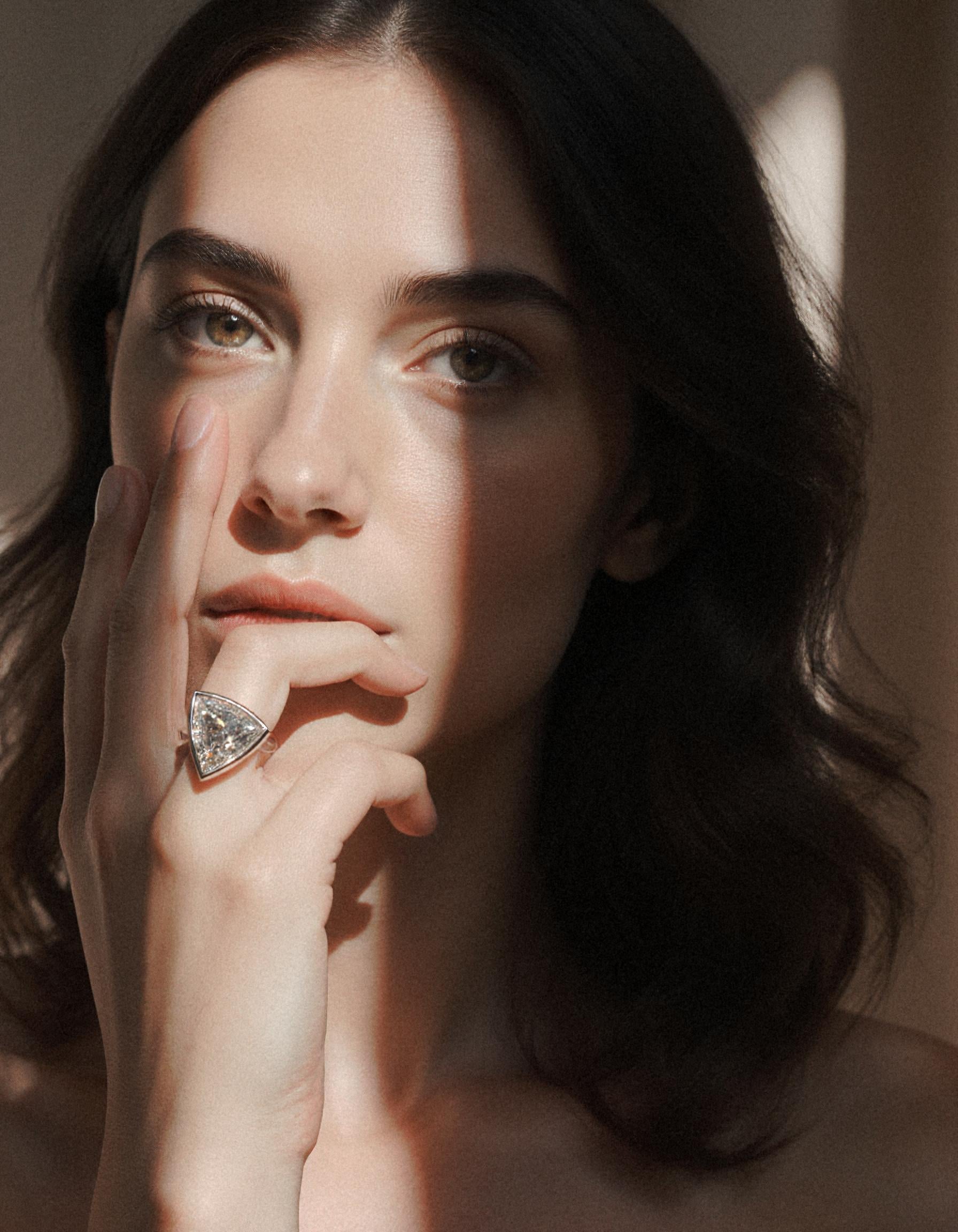 "Azzura" Trillion Cut Diamond Bezel Set solitaire ring, set Slanted