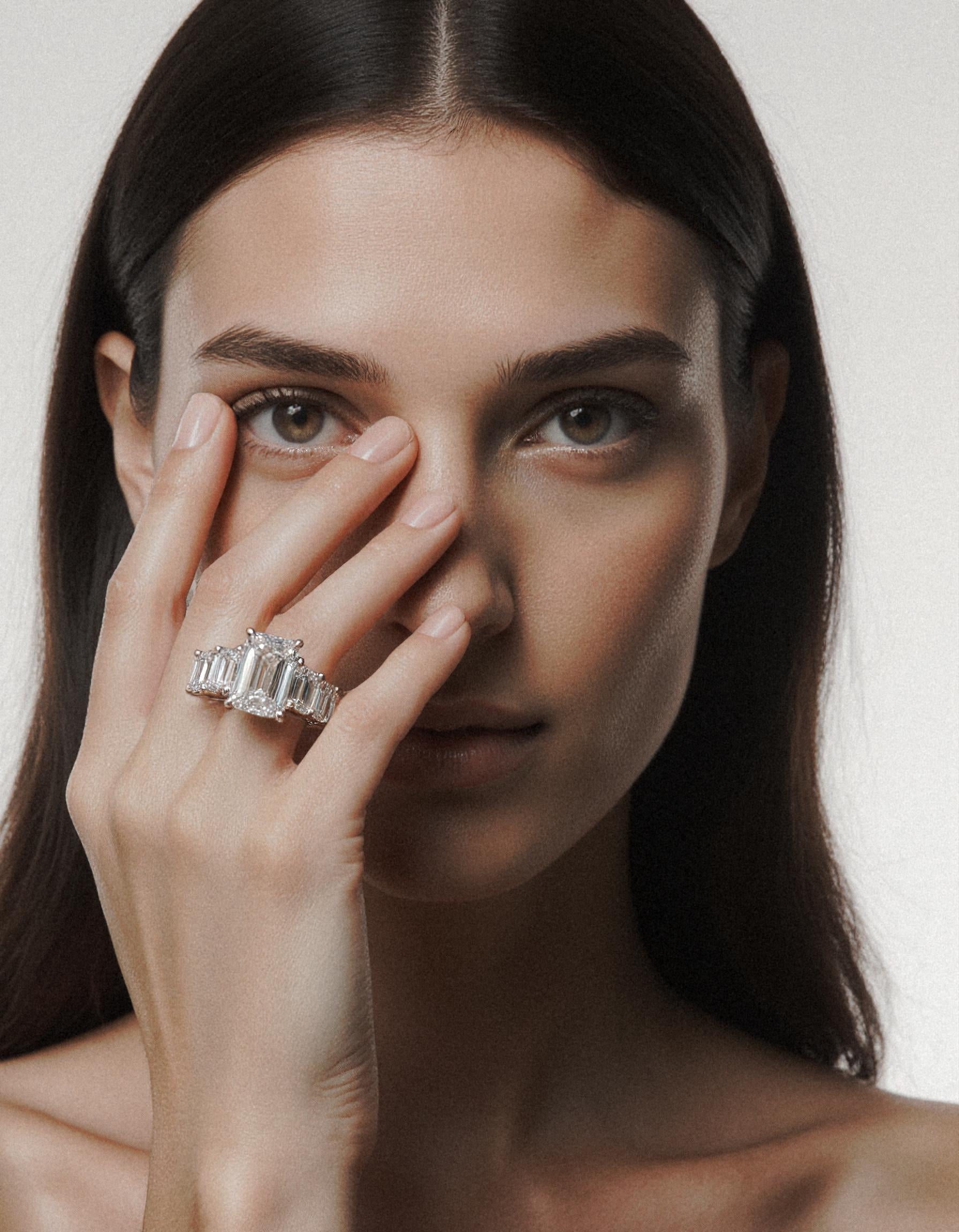 "Rozalin" 7 Stone Emerald cut Graduated Prong Set Engagement Ring