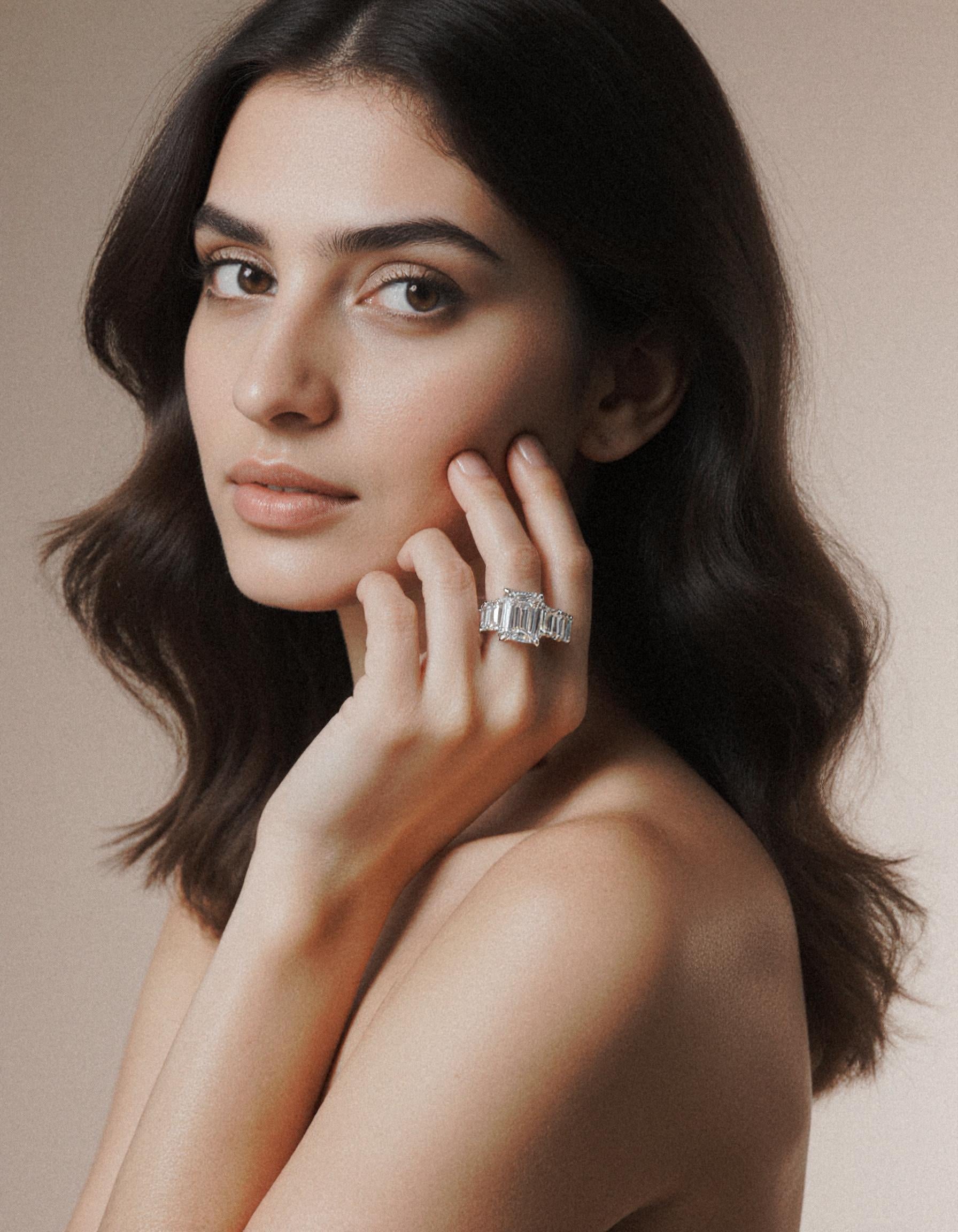 "Rozalin" 7 Stone Emerald cut Graduated Prong Set Engagement Ring