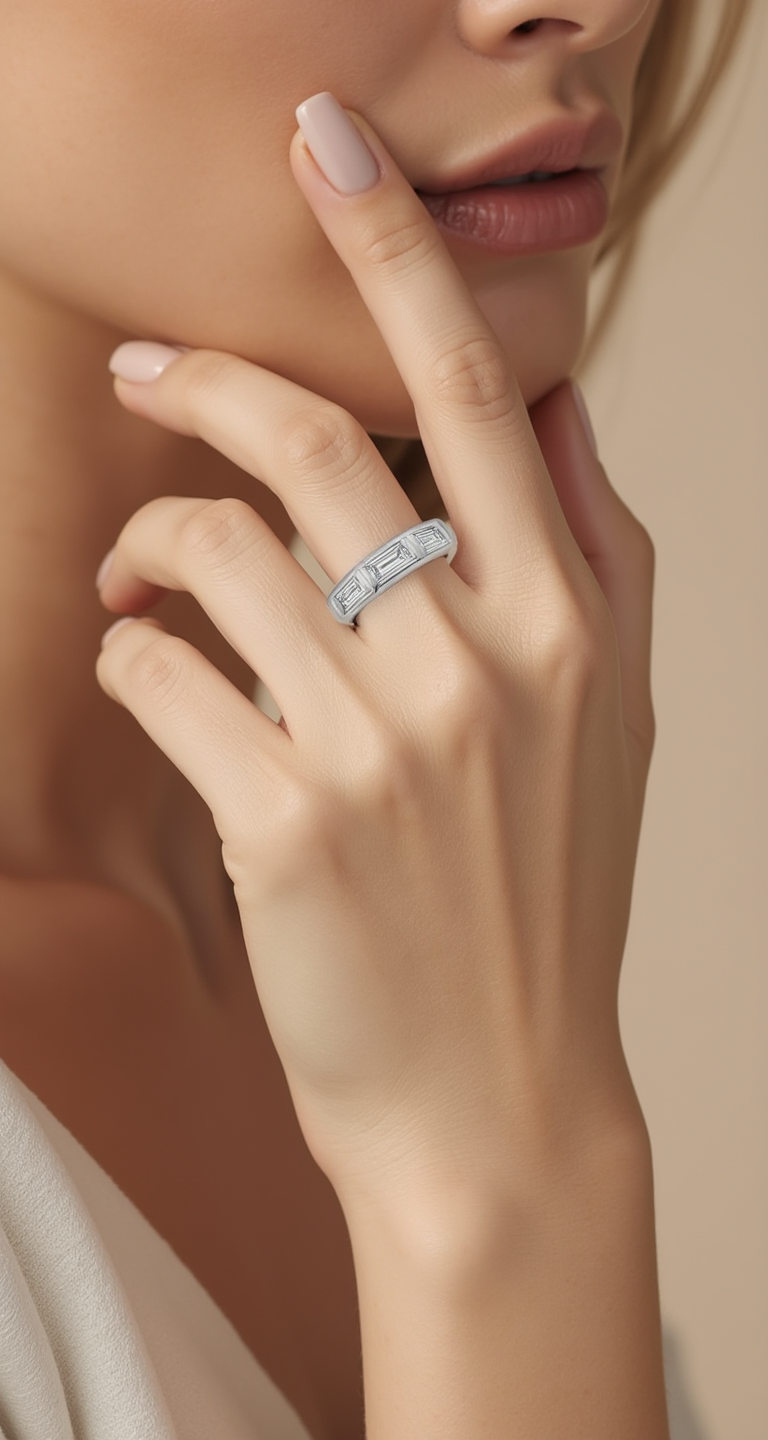 3.30-3.70ct total weight "Styrka" Baguette cut Eternity Band (0.30ct Each)