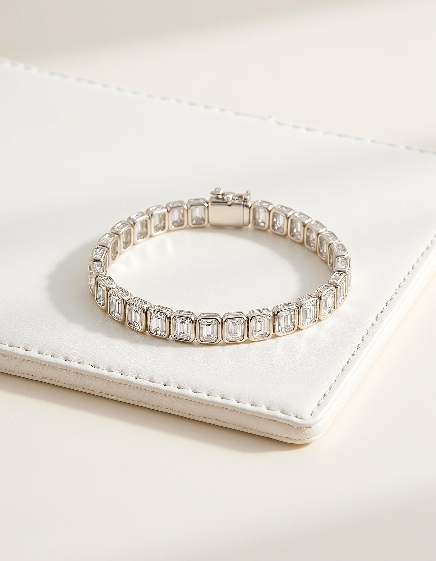 &quot;Wanda&quot; Vertically Set Emerald cut Bezel Set Tennis Bracelet