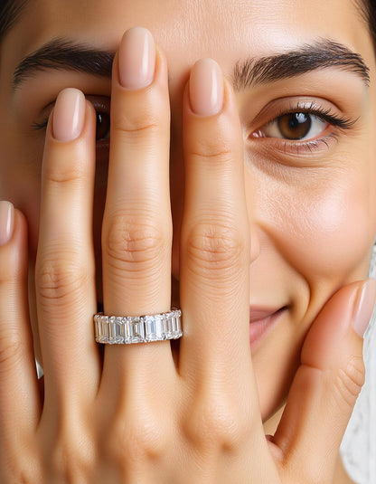 &quot;Vika&quot; &quot;V&quot; cut Emerald cut Prong set Eternity Band