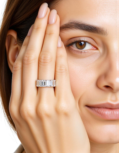 &quot;Vika&quot; &quot;V&quot; cut Emerald cut Prong set Eternity Band