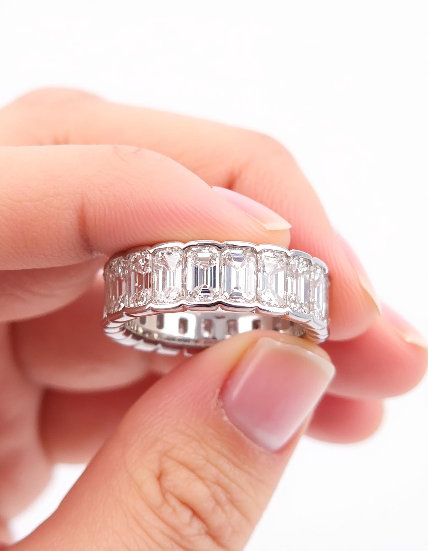 &quot;Alba&quot; Emerald cut Half Bezel set Eternity Band