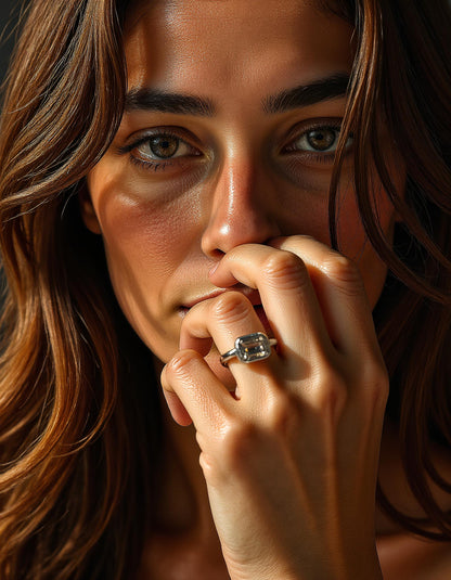 &quot;Lana&quot; Emerald Cut diamond solitaire in Bezel setting set Horizontally