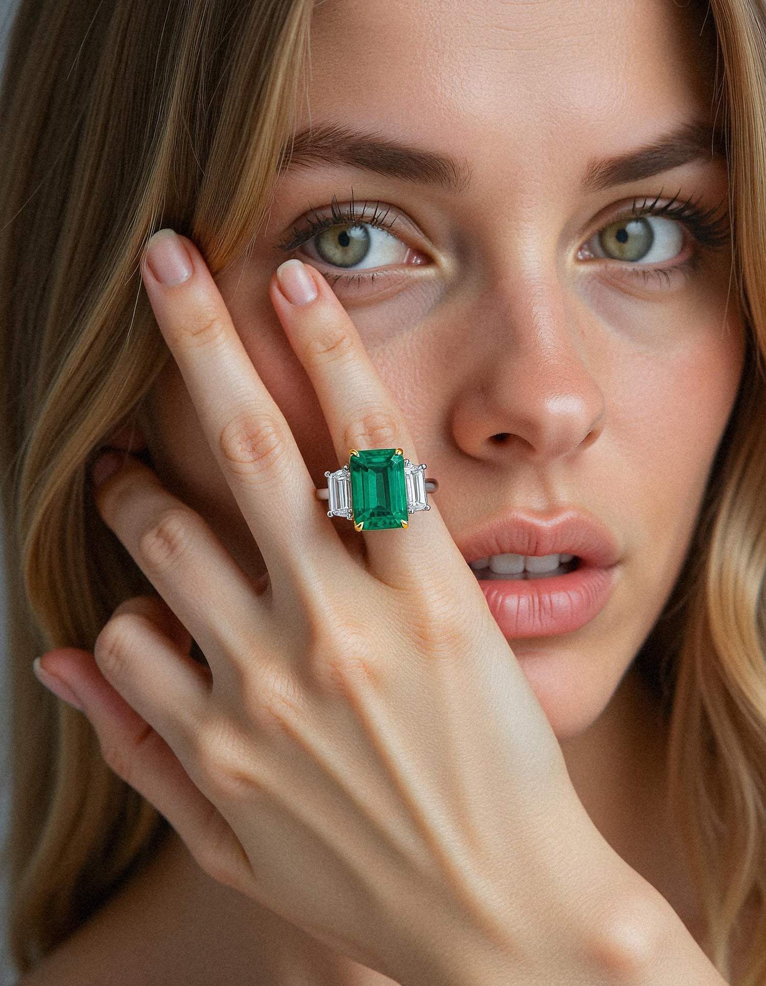 &quot;Abigail&quot; White and yellow gold three-stone ring with an emerald-cut Green emerald center and trapezoid diamond side stones.