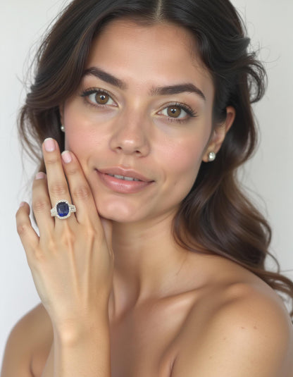 &quot;Lirine&quot; Cushion cut Blue Sapphire with tapered baguette Diamonds with an Halo Ring