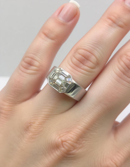 &quot;Zorina&quot; Wide Mosaic Style Illusion set Emerald cut look Heavy ring