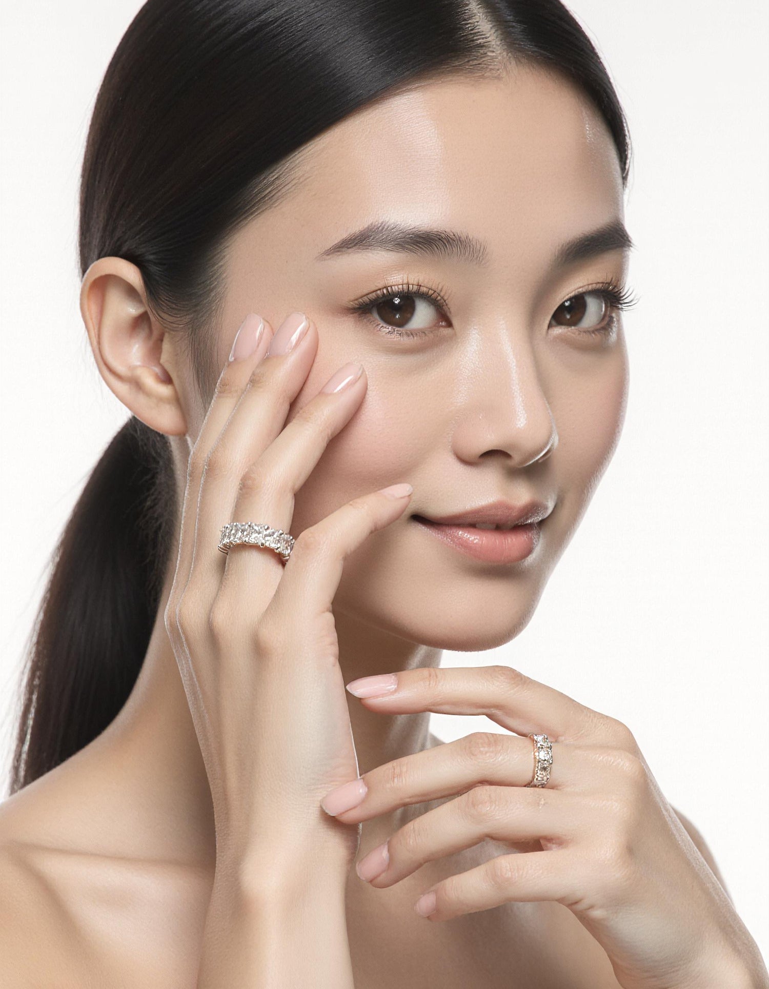 &quot;Melora&quot; Radiant cut Prong Set Classic basket Half Eternity Band