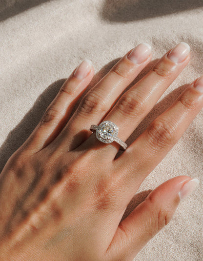 &quot;Nareta&quot; Cushion cut Center stone with Round Brilliant Halo Engagement Ring