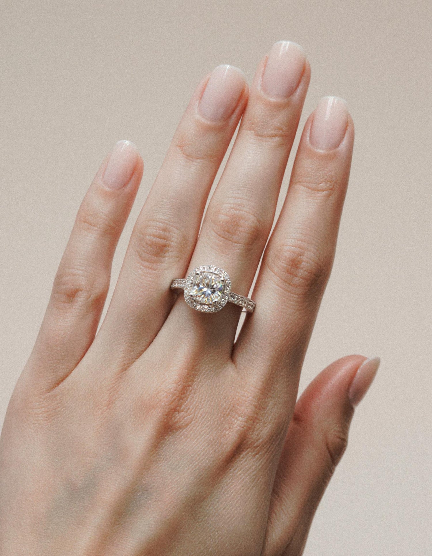 &quot;Nareta&quot; Cushion cut Center stone with Round Brilliant Halo Engagement Ring