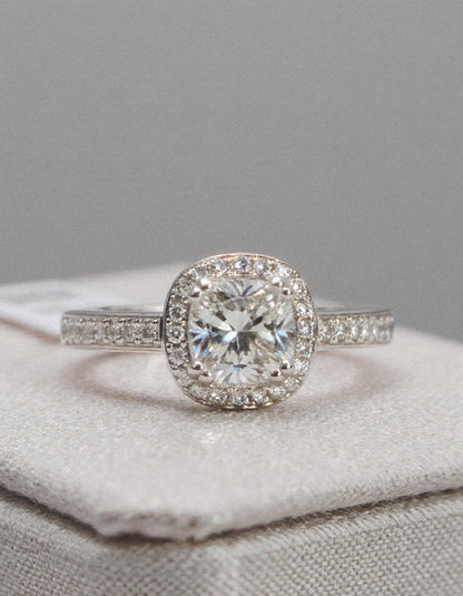 &quot;Nareta&quot; Cushion cut Center stone with Round Brilliant Halo Engagement Ring