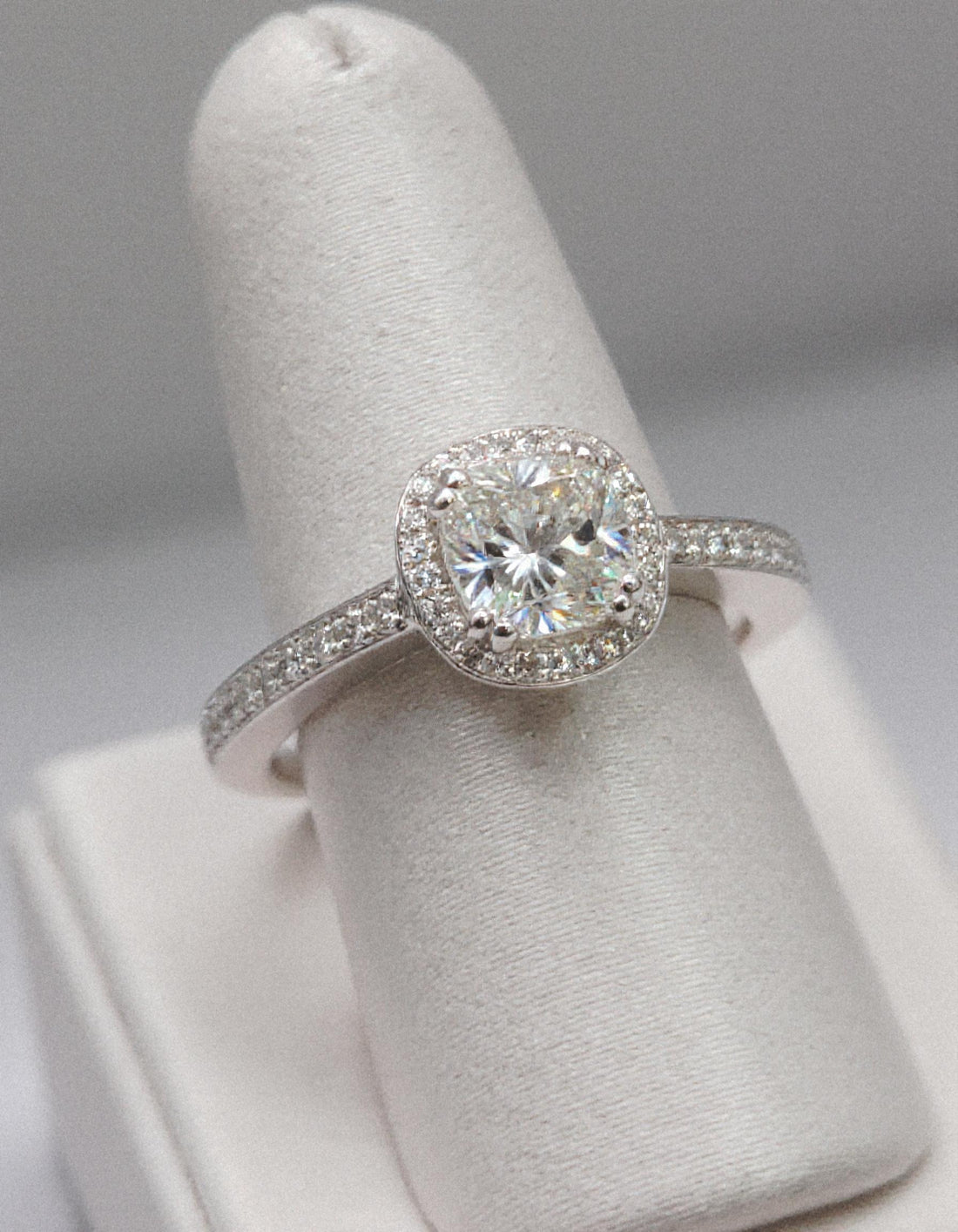 &quot;Nareta&quot; Cushion cut Center stone with Round Brilliant Halo Engagement Ring
