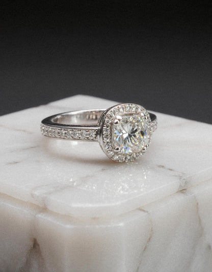 &quot;Nareta&quot; Cushion cut Center stone with Round Brilliant Halo Engagement Ring