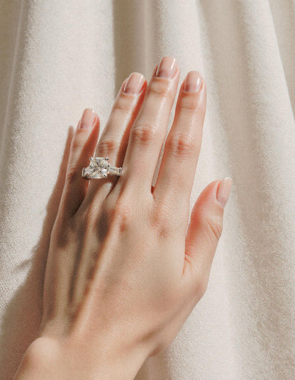 &quot;Milara&quot; 3 stone Diamond ring With Cushion cut center and Tapered Baguette side stones