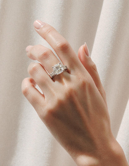 &quot;Milara&quot; 3 stone Diamond ring With Cushion cut center and Tapered Baguette side stones