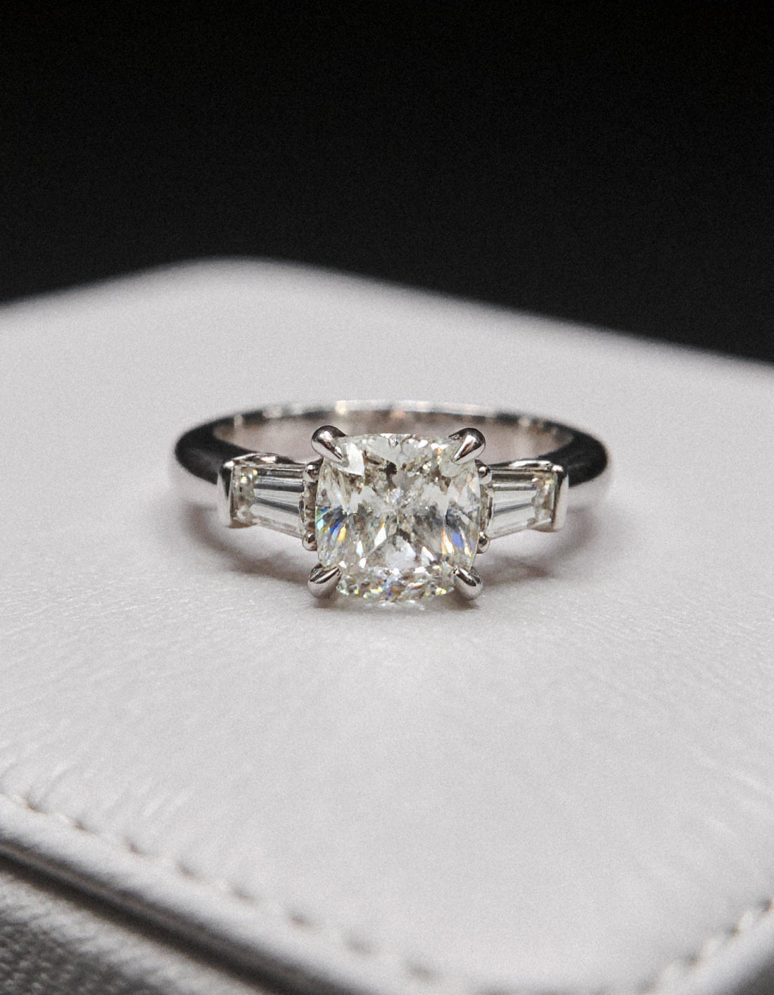 &quot;Milara&quot; 3 stone Diamond ring With Cushion cut center and Tapered Baguette side stones