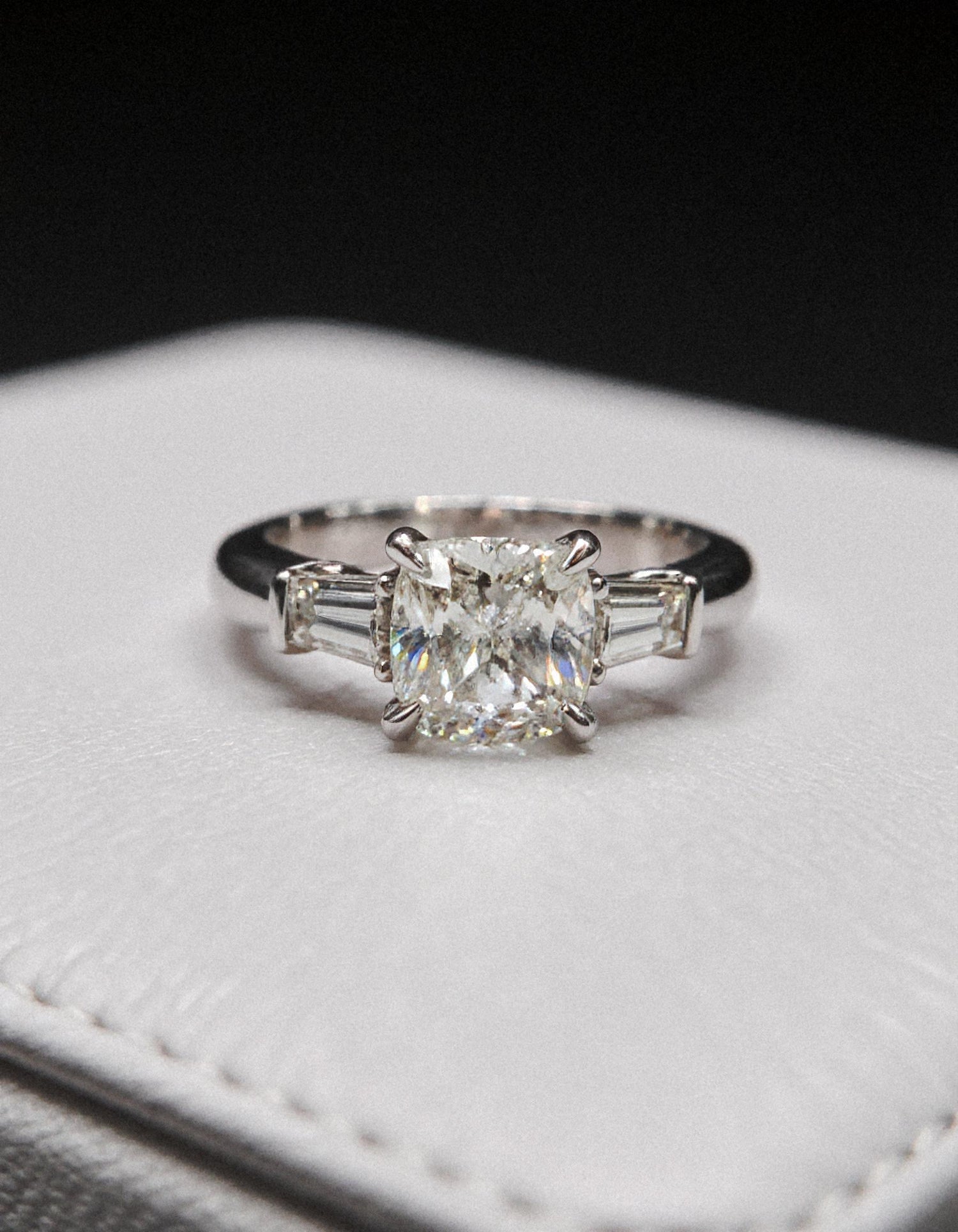&quot;Milara&quot; 3 stone Diamond ring With Cushion cut center and Tapered Baguette side stones