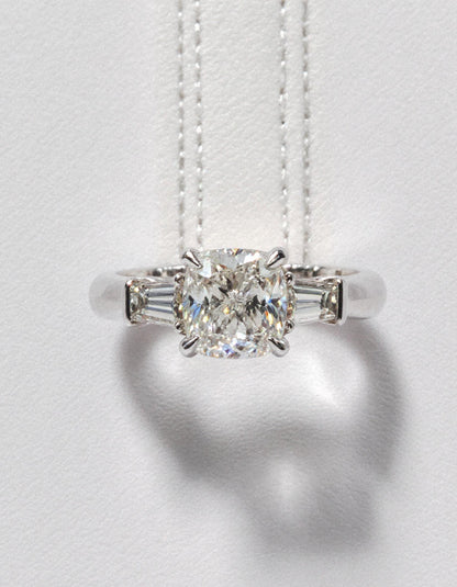 &quot;Milara&quot; 3 stone Diamond ring With Cushion cut center and Tapered Baguette side stones
