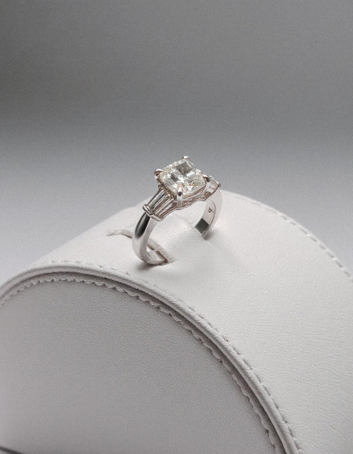 &quot;Milara&quot; 3 stone Diamond ring With Cushion cut center and Tapered Baguette side stones