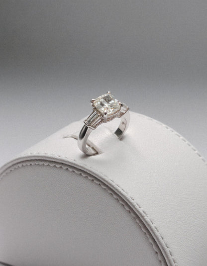 &quot;Milara&quot; 3 stone Diamond ring With Cushion cut center and Tapered Baguette side stones