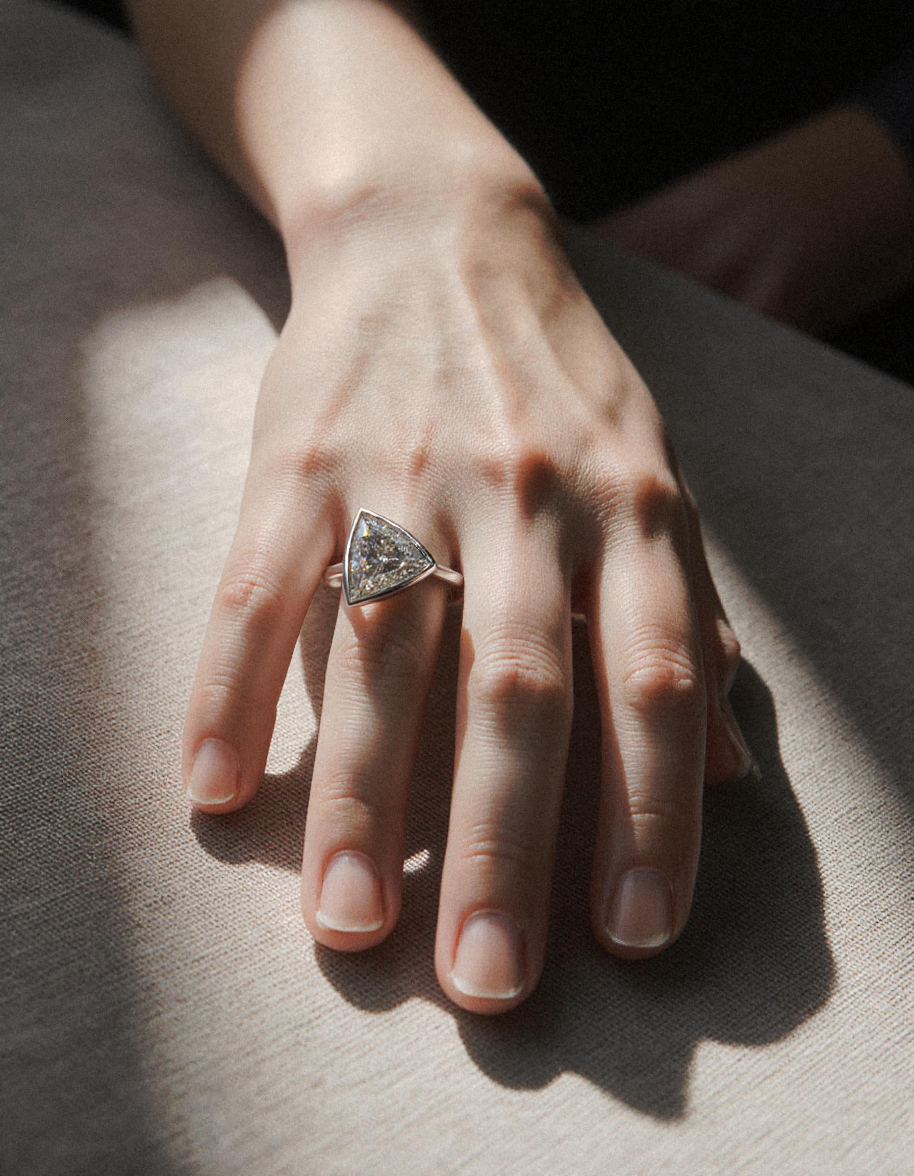 &quot;Azzura&quot; Trillion Cut Diamond Bezel Set solitaire ring, set Slanted