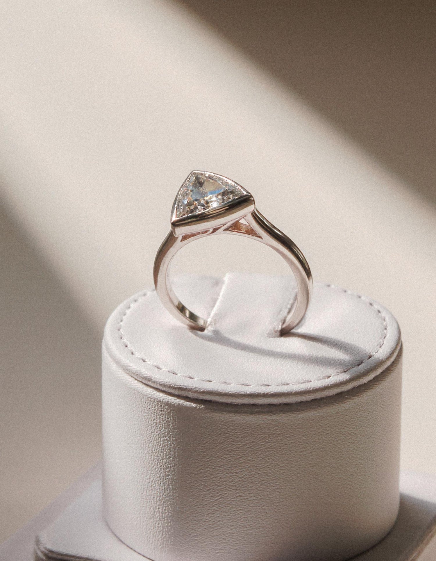 &quot;Azzura&quot; Trillion Cut Diamond Bezel Set solitaire ring, set Slanted