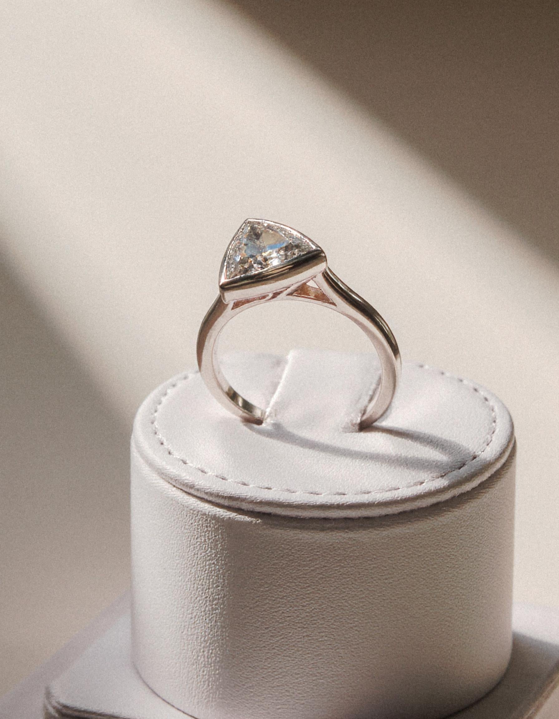 &quot;Azzura&quot; Trillion Cut Diamond Bezel Set solitaire ring, set Slanted