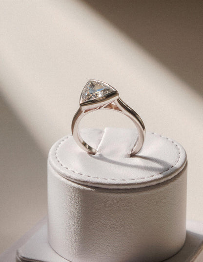 &quot;Azzura&quot; Trillion Cut Diamond Bezel Set solitaire ring, set Slanted