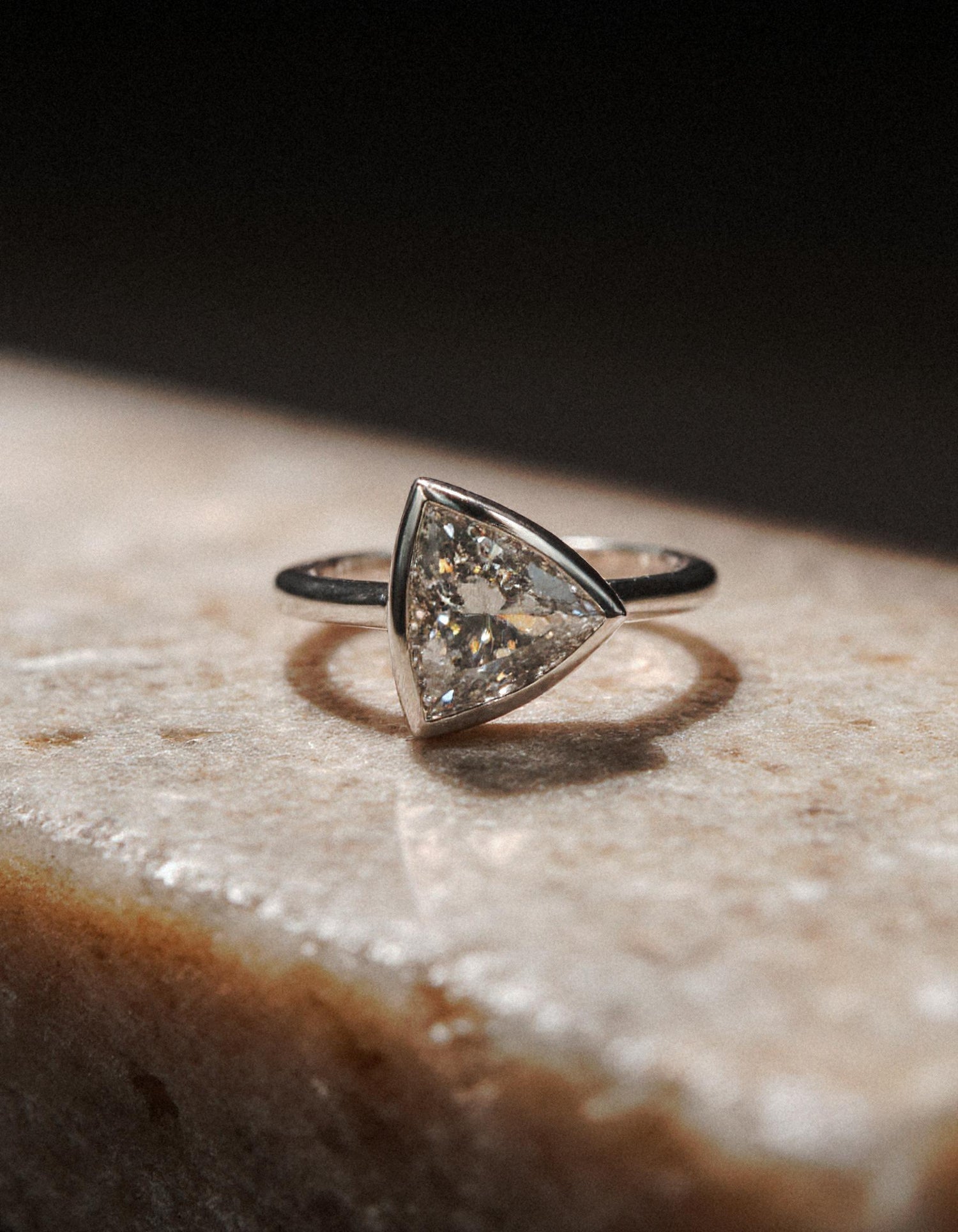 &quot;Azzura&quot; Trillion Cut Diamond Bezel Set solitaire ring, set Slanted