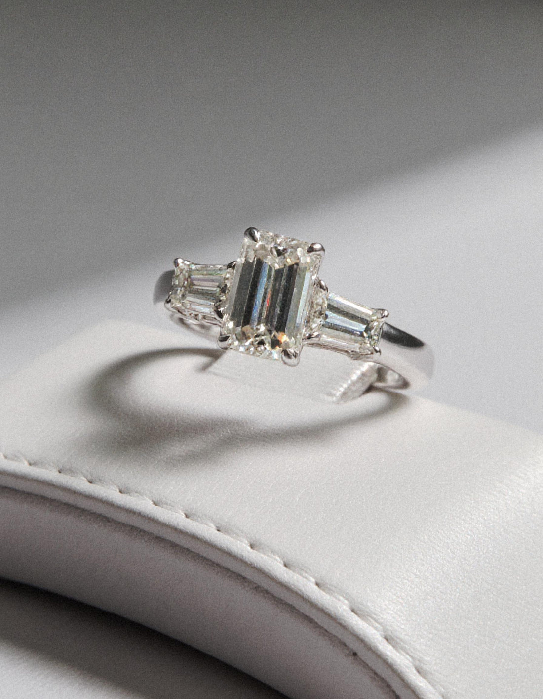 &quot;Allegra&quot; 3 stone Diamond ring With Emerald cut center and Tapered Baguette side stones