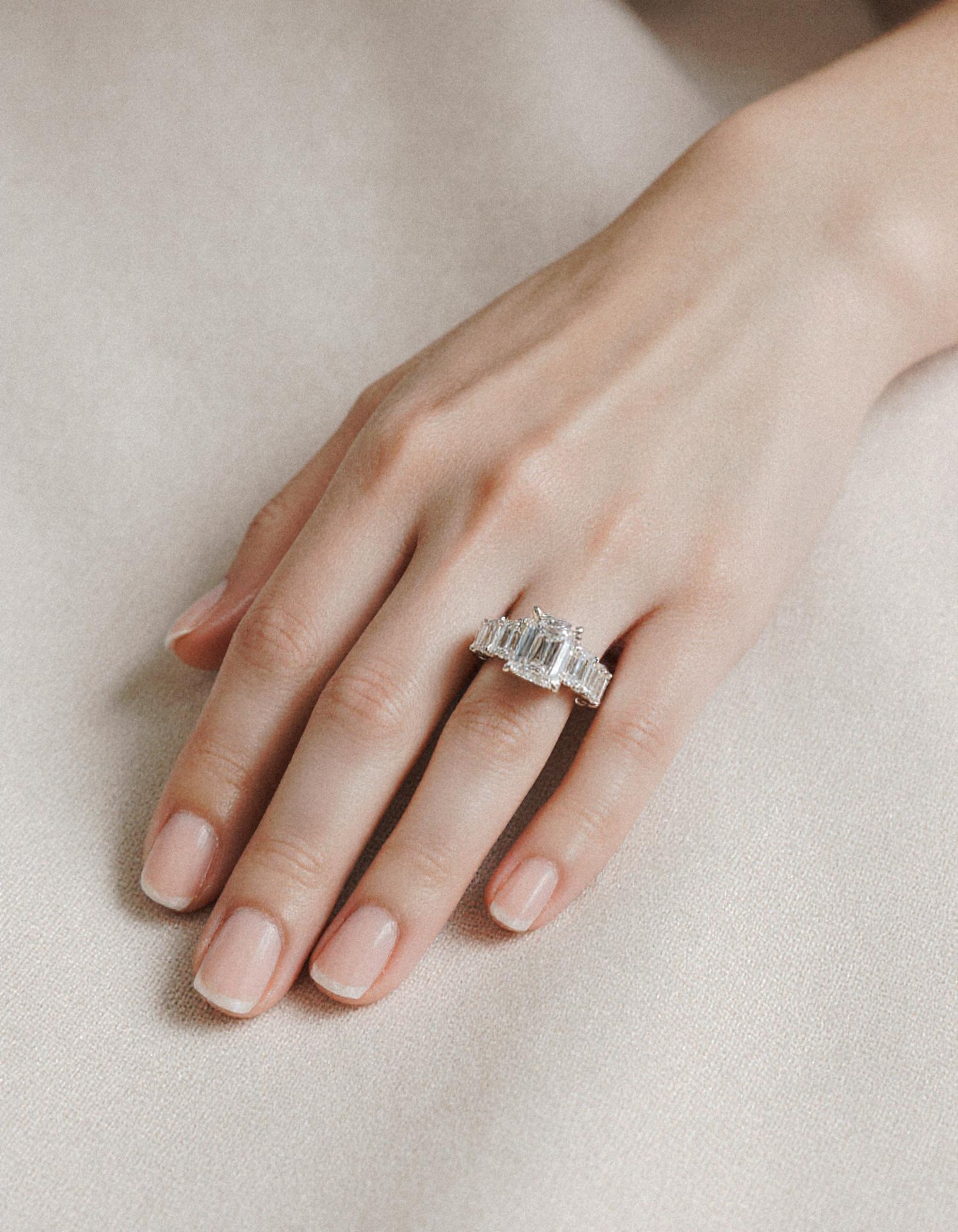 &quot;Rozalin&quot; 7 Stone Emerald cut Graduated Prong Set Engagement Ring