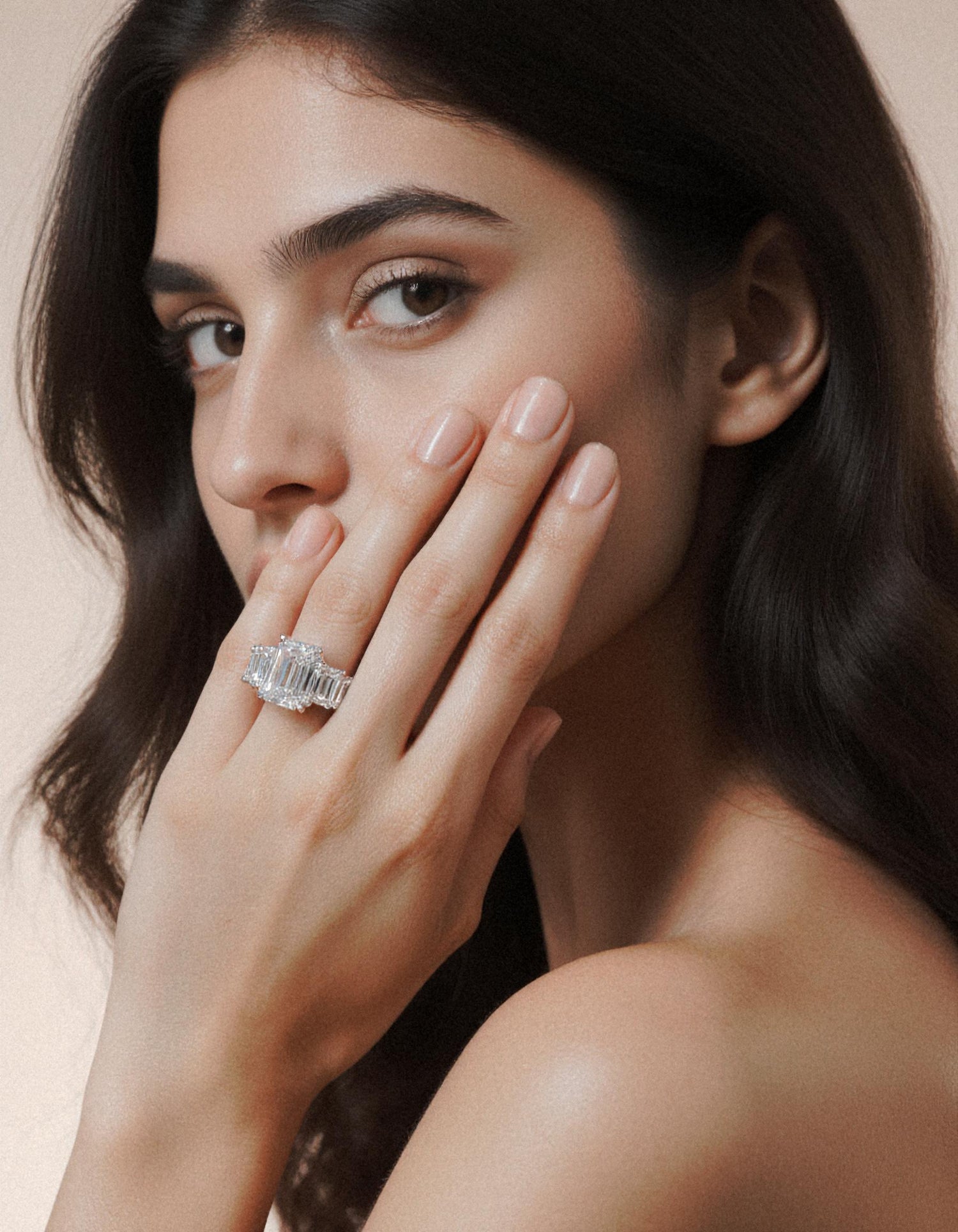 &quot;Rozalin&quot; 7 Stone Emerald cut Graduated Prong Set Engagement Ring