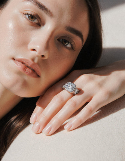 &quot;Gaia&quot; French cut Asscher Ring Bezel set with Milgrain